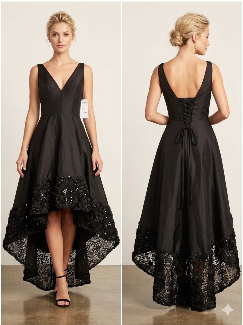 Betsy & Adam Black High-Low V-Neck Fit & Flare Dress